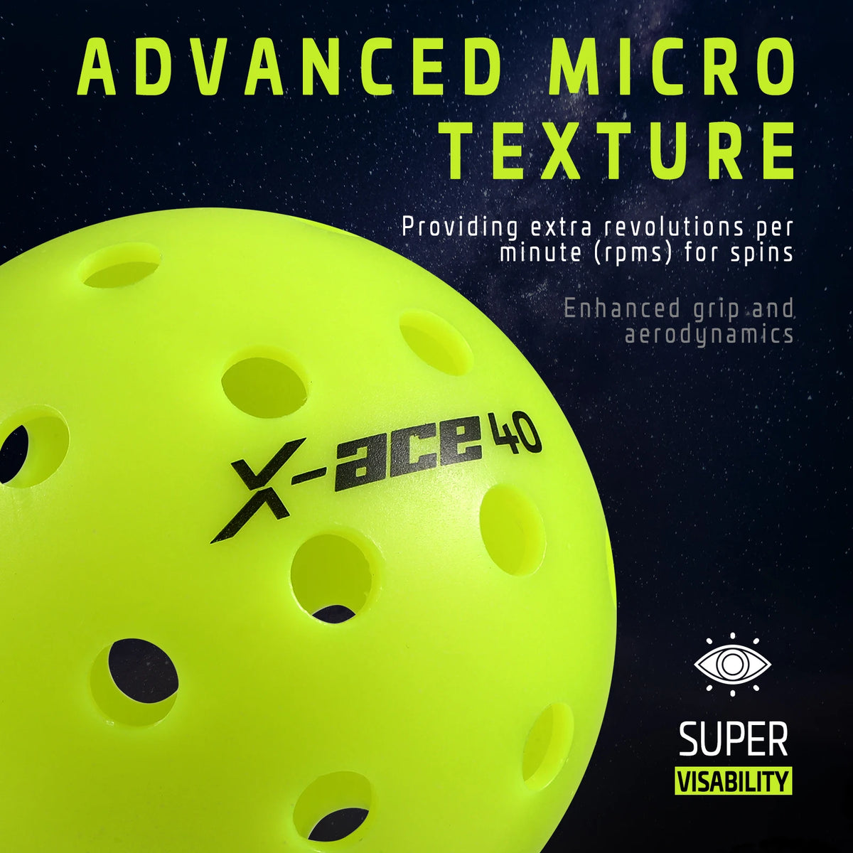 Balle de pickleball AMASPORT X-ACE 40 jaune fluo en gros plan sur sa surface micro-texturée et ses trous