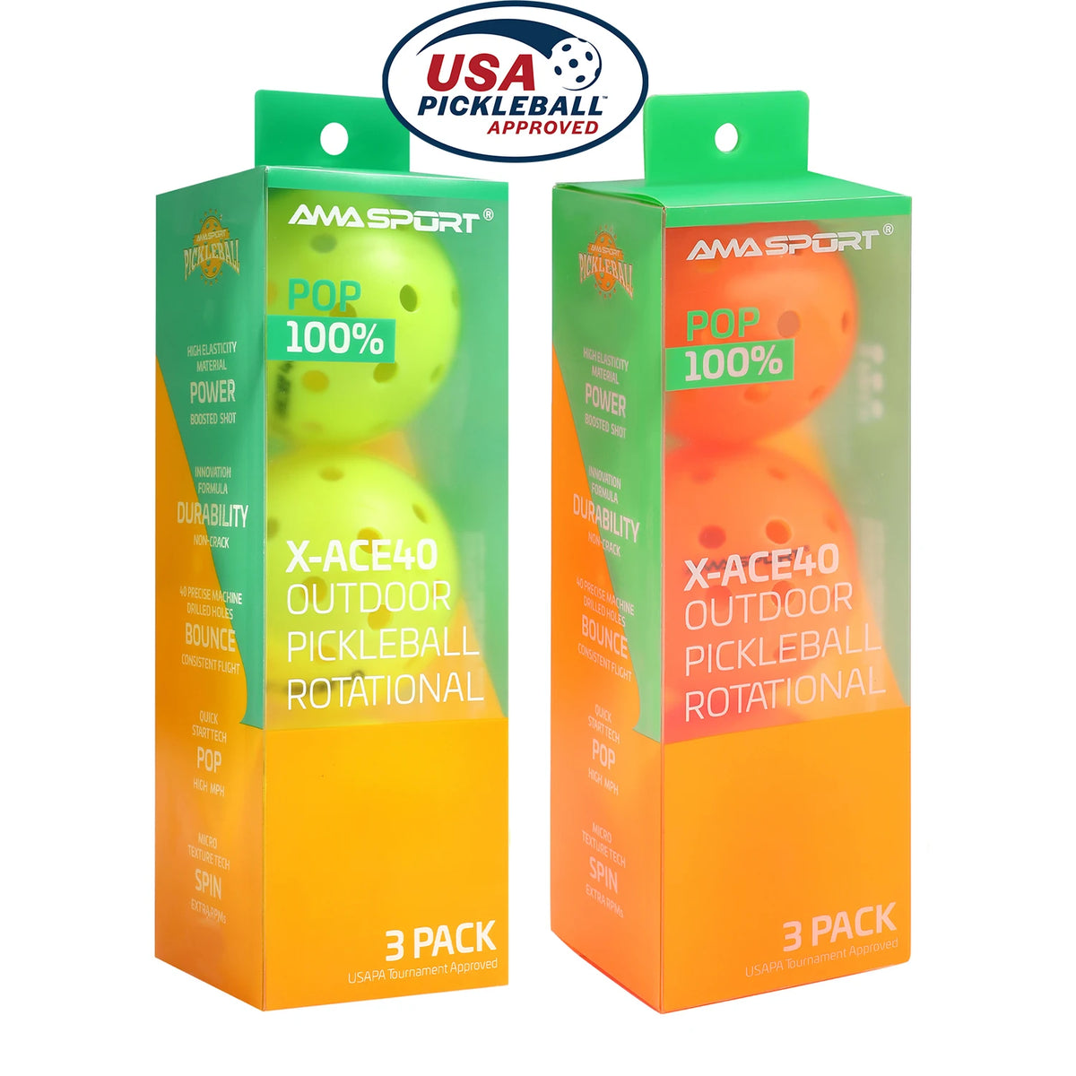 Balles de pickleball AMASPORT X-ACE 40 en étuis de 3, jaune fluo et orange, avec le badge USA Pickleball Approved