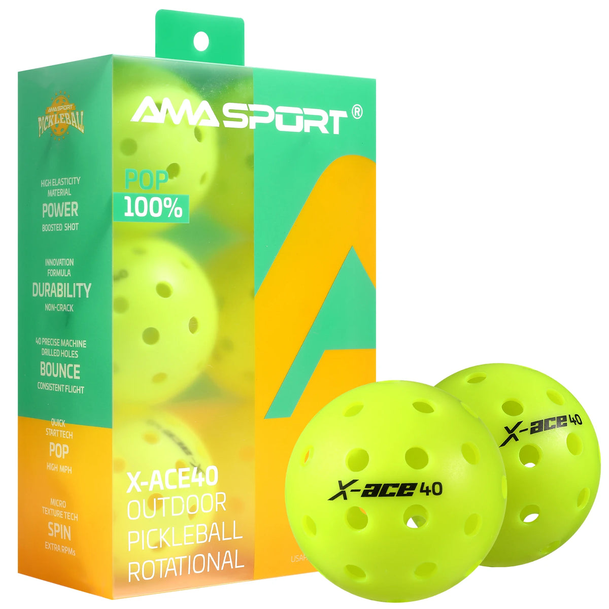 Balles de pickleball AMASPORT X-ACE 40 jaune fluo : boîte haute transparente et deux balles au premier plan