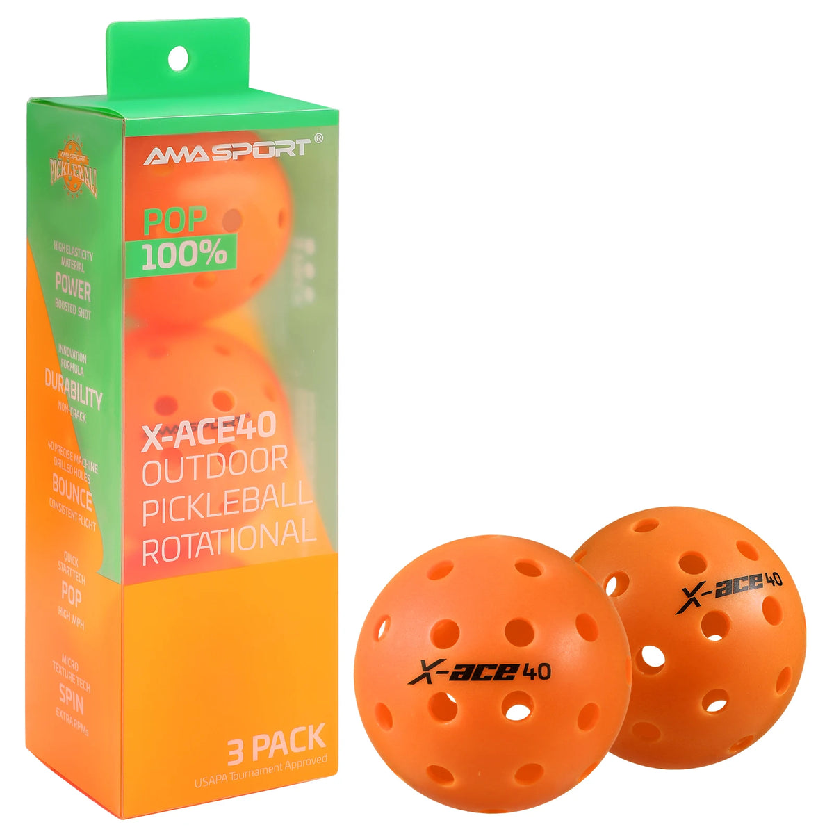 Balles de pickleball AMASPORT X-ACE 40 orange : étui de 3 transparent et deux balles posées au premier plan