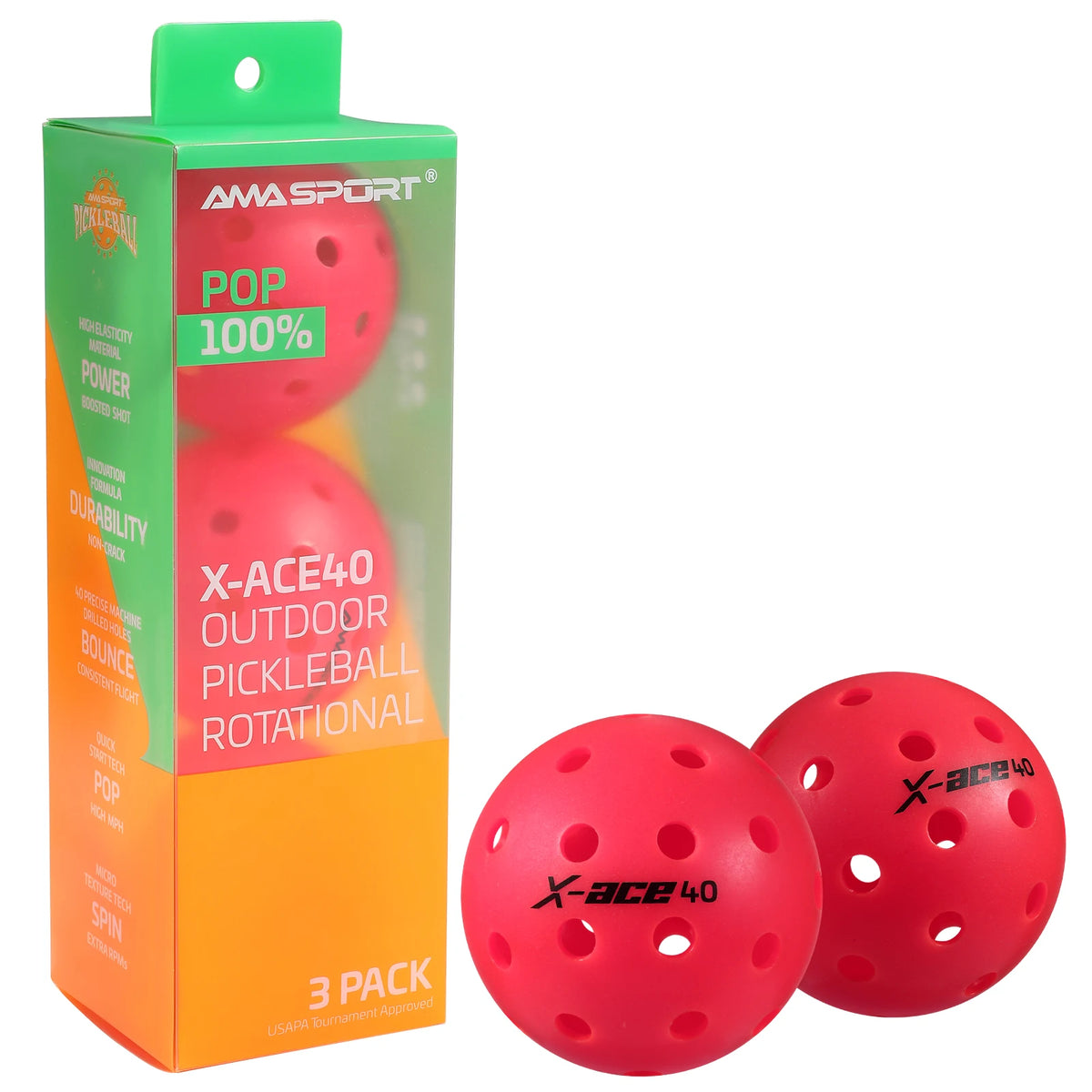 Balles de pickleball AMASPORT X-ACE 40 roses : étui de 3 transparent et deux balles posées au premier plan