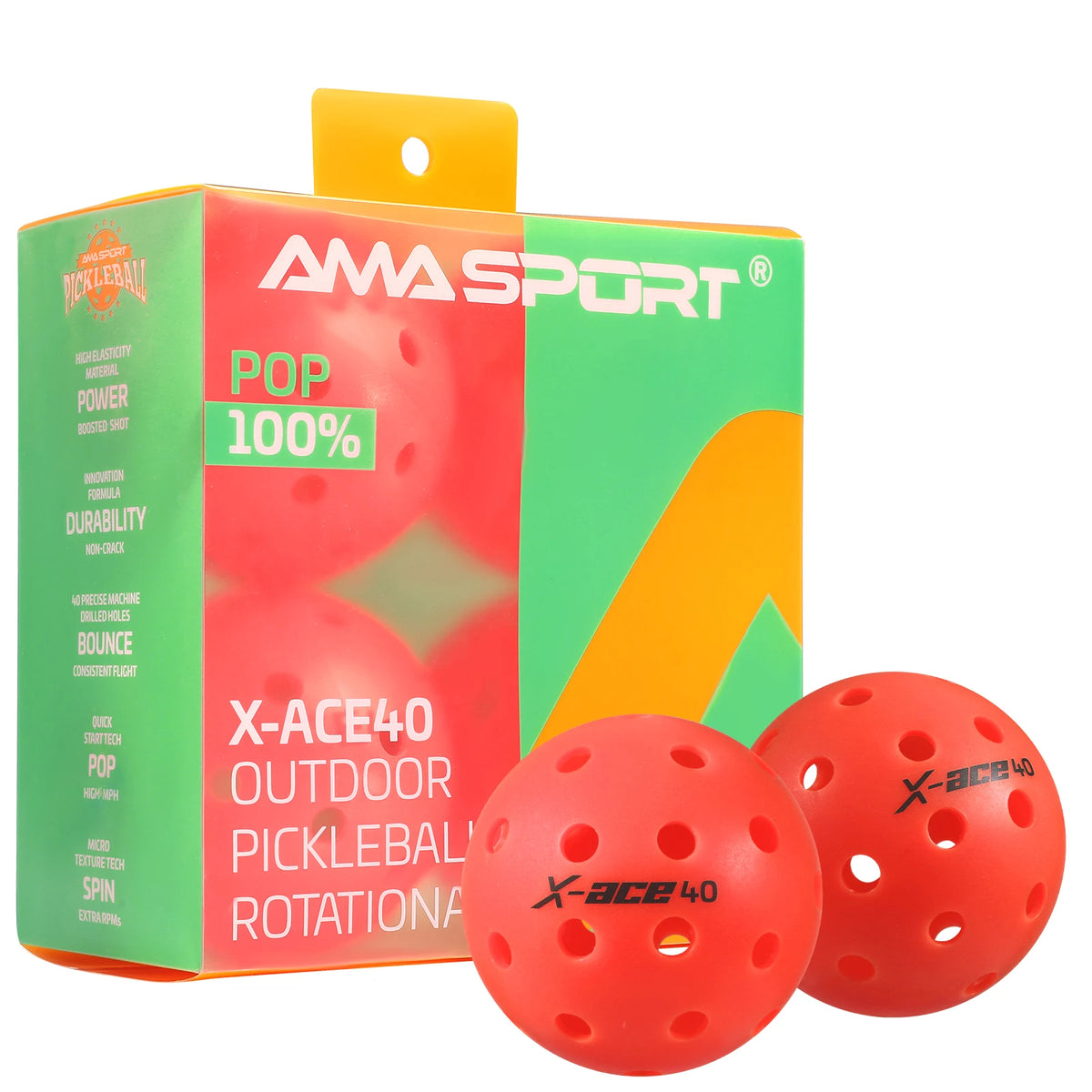 Balles de pickleball AMASPORT X-ACE 40 rouges : boîte carrée verte et orange, deux balles devant l'emballage