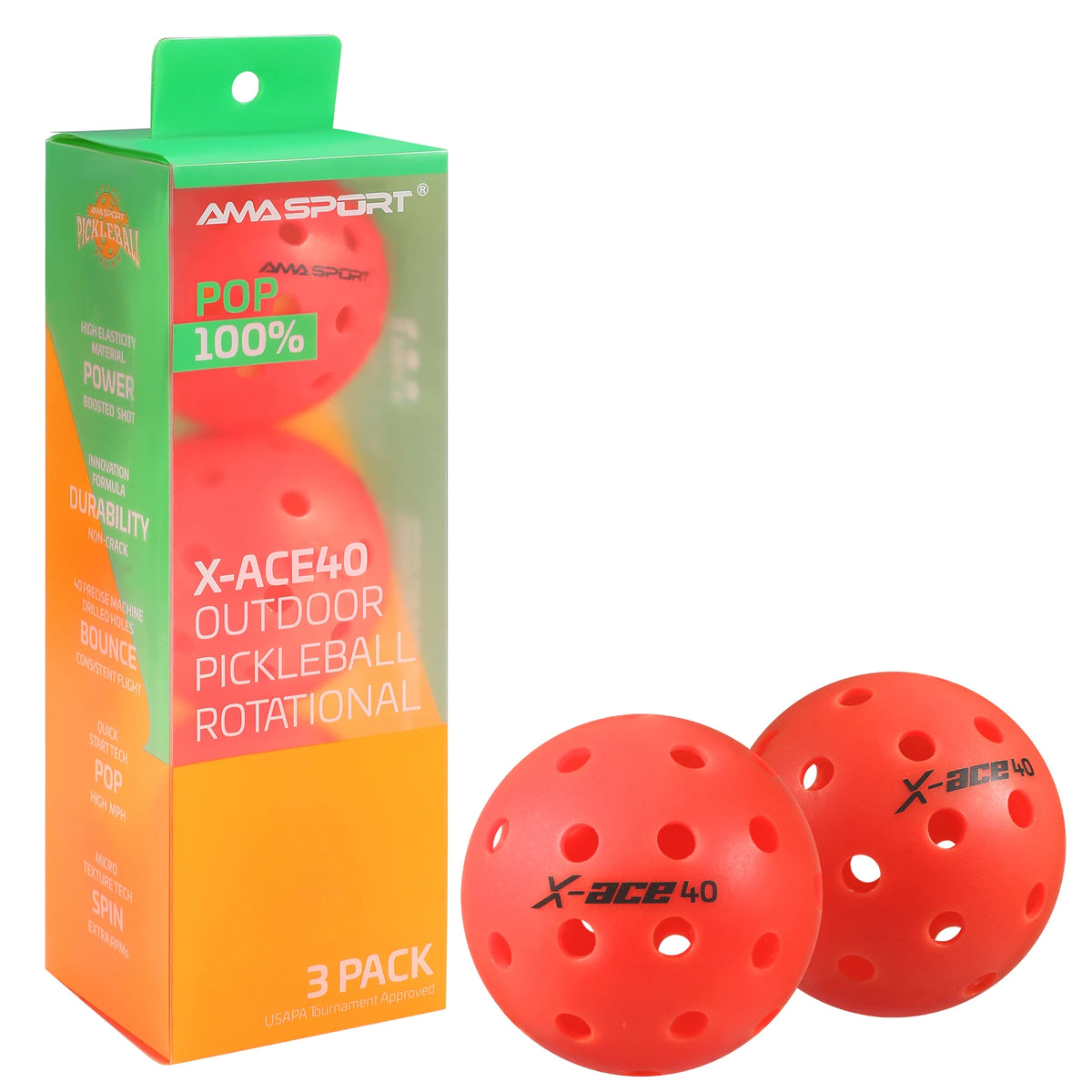 Balles de pickleball AMASPORT X-ACE 40 rouges : étui de 3 et deux balles présentées à côté sur fond blanc