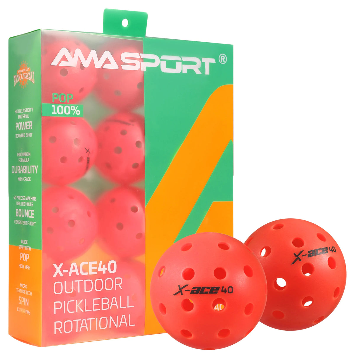 Balles de pickleball AMASPORT X-ACE 40 rouges : grande boîte transparente et deux balles posées au premier plan