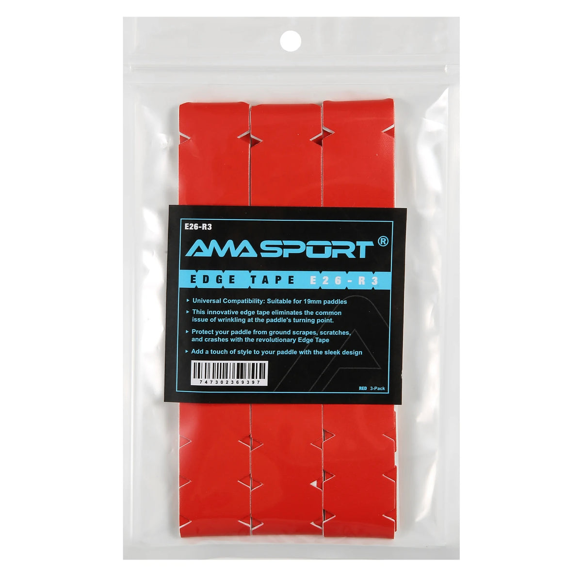 Bande de protection de raquette AMASPORT rouge, largeur 26 mm : sachet de 3 bandes avec étiquette bleue