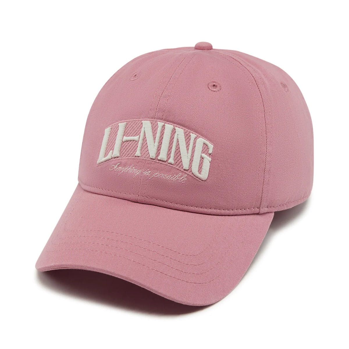 Casquette Li-Ning en coton rose avec logo LI-NING brodé blanc en relief, visière incurvée, vue de côté