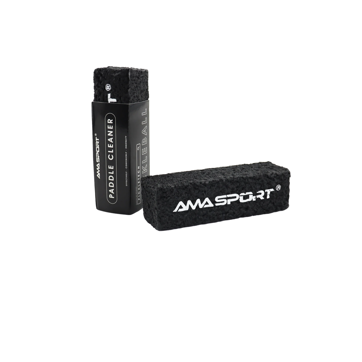 Gomme de nettoyage AMASPORT noire en barre longue, à côté de son étui vertical noir Paddle Cleaner