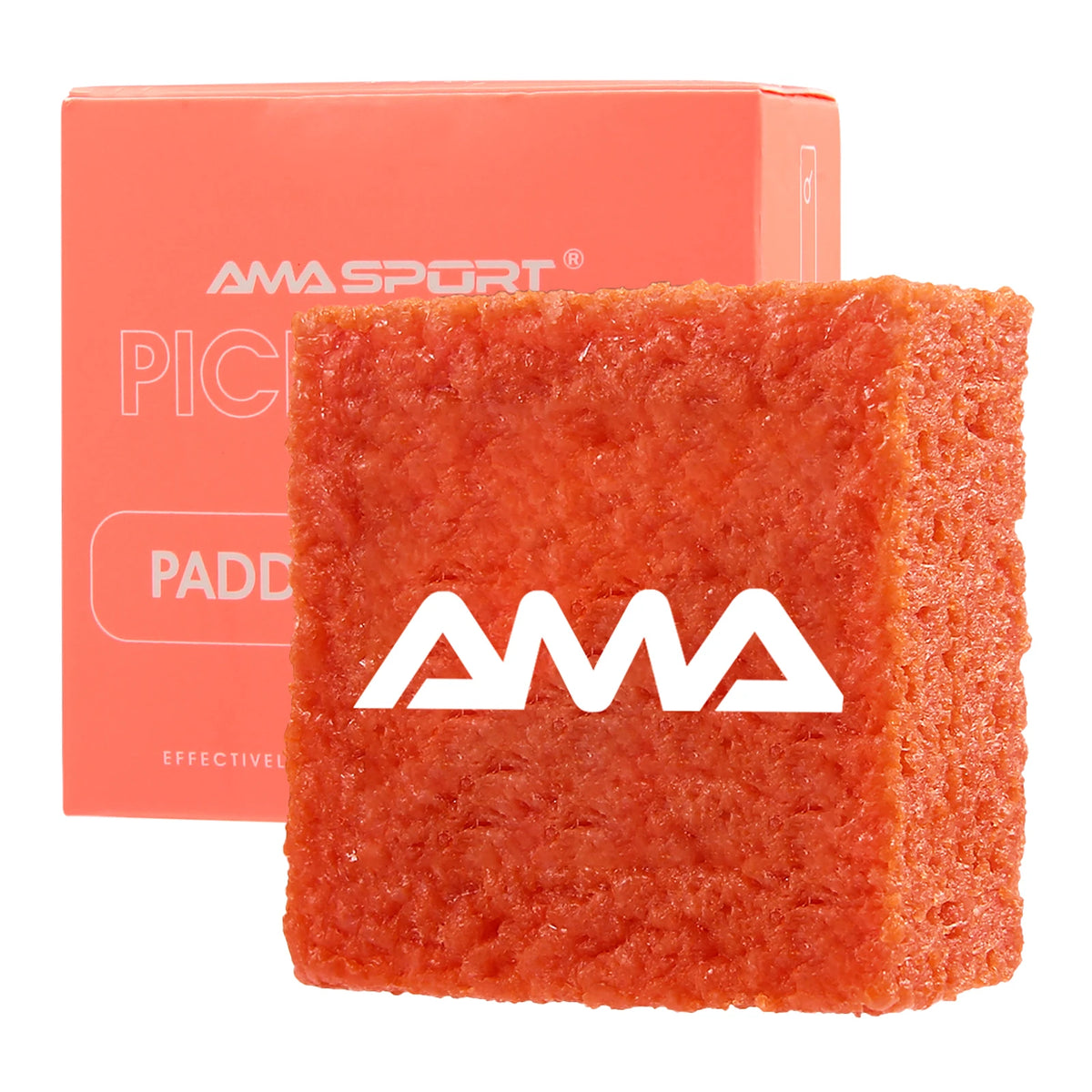 Gomme de nettoyage AMASPORT orange corail au logo AMA blanc, posée devant sa boîte assortie orange