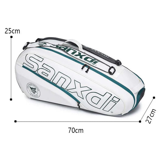Grand sac de raquettes SANXDI blanc à liserés verts avec ses dimensions : 70 cm de long, 27 cm et 25 cm