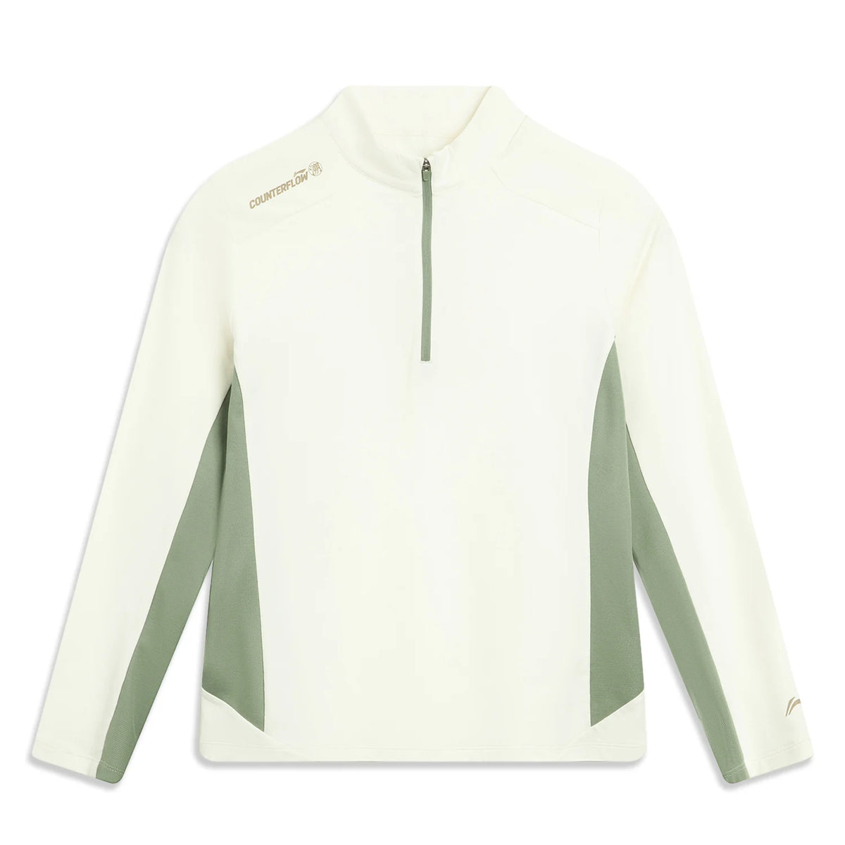Haut manches longues femme Li-Ning écru et vert sauge vu de face à plat, demi-zip vert et logo Counterflow