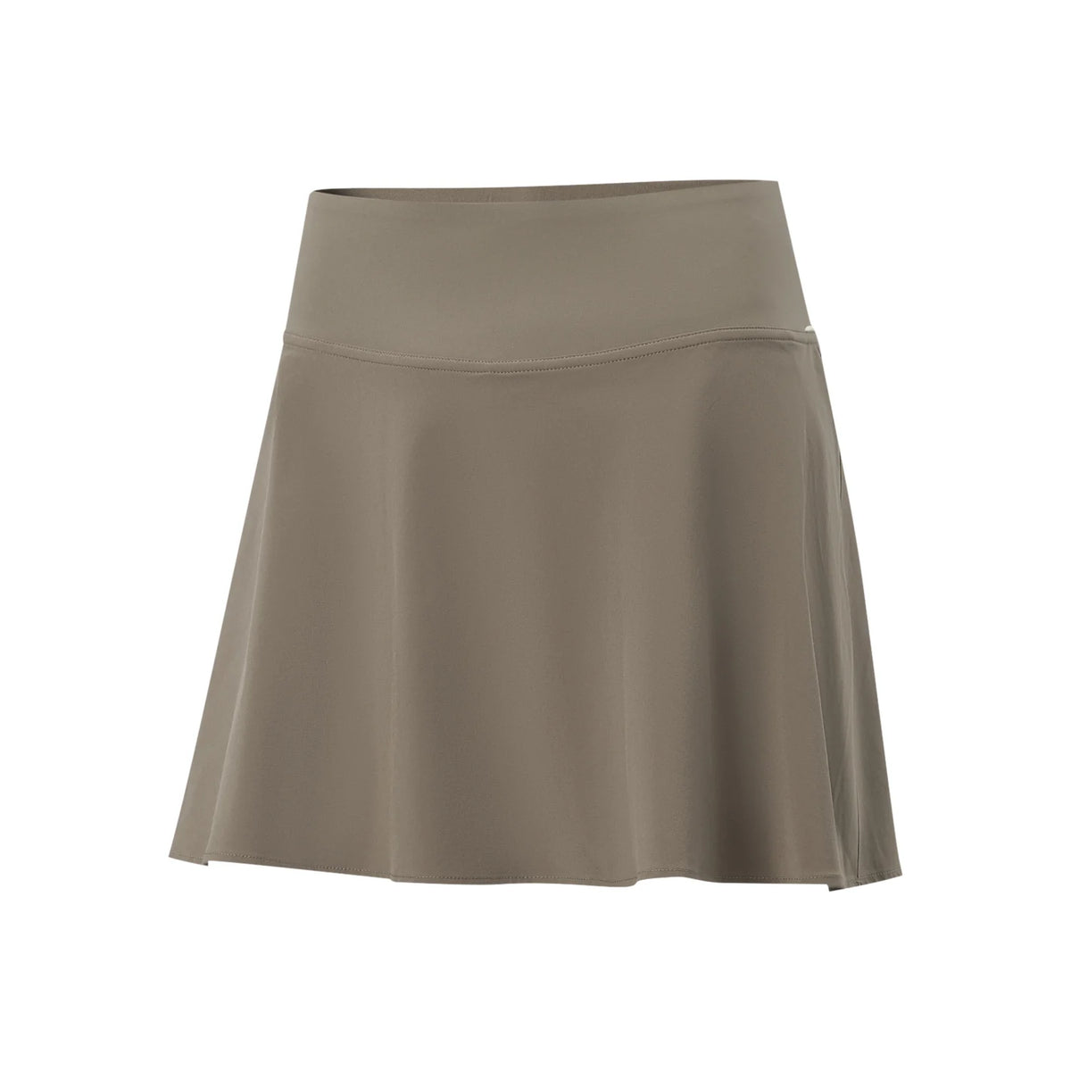 Jupe-short femme Li-Ning LN DRY taupe vue de face à plat, ceinture large et coupe évasée sur fond blanc