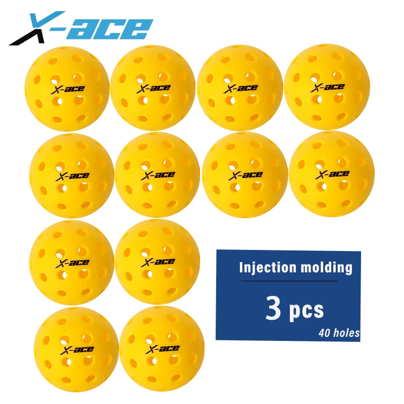 Lot de 3 balles de pickleball X-ace extérieur jaunes à 40 trous, visuel du modèle en rangées sur fond blanc