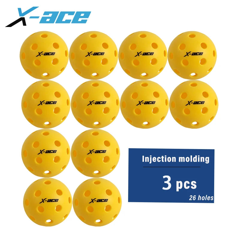 Lot de 3 balles X-ace intérieur jaunes à 26 trous pour le pickleball en salle, avec logo X-ace bleu sur fond blanc
