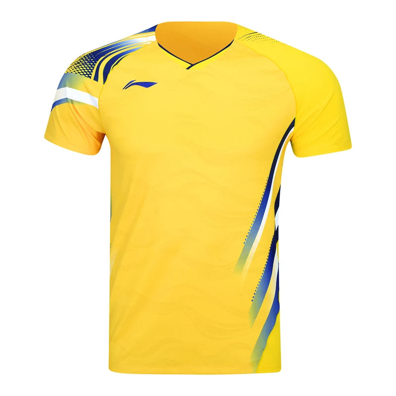 Maillot de pickleball Li-Ning Compétition jaune vu de face, logo bleu marine et rayures bleues et blanches