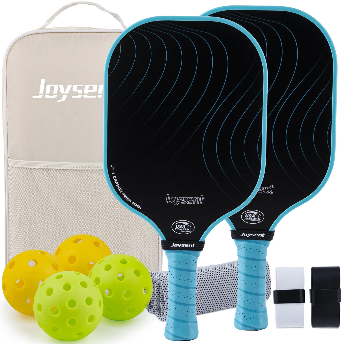 Pack Joysent coloris bleu : deux raquettes noires à cadre et grip bleu ciel, sac beige, quatre balles et serviette