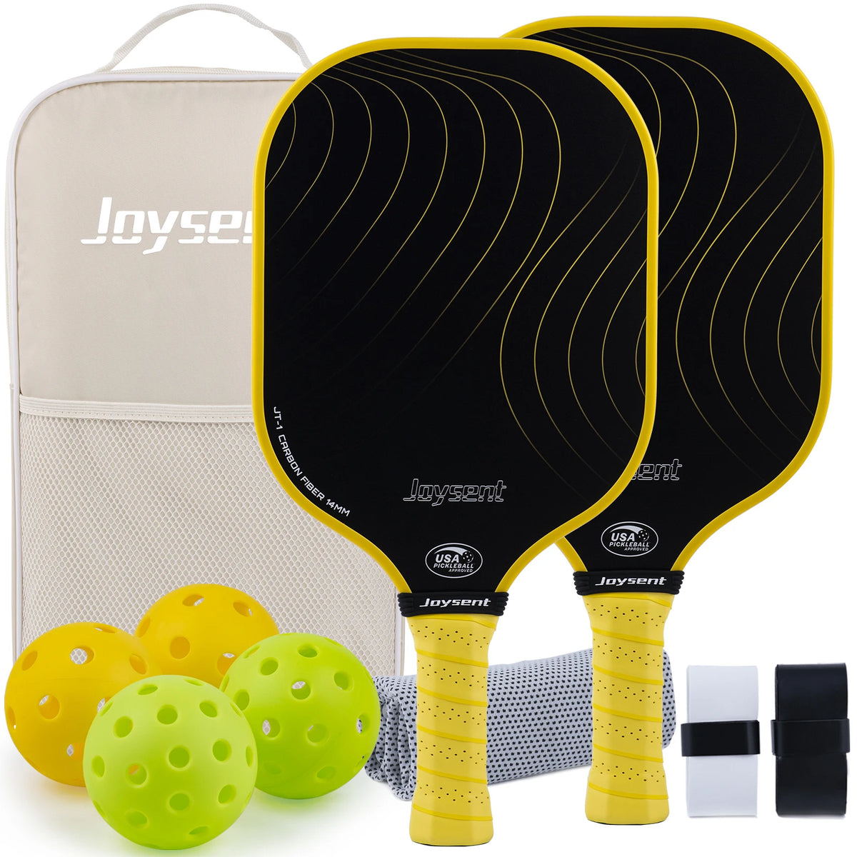 Pack Joysent coloris jaune : deux raquettes en carbone noir et jaune, sac beige, balles, serviette et surgrips
