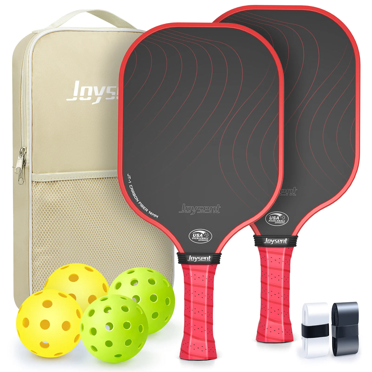 Pack Joysent de deux raquettes de pickleball en carbone rouges et noires, sac beige, quatre balles et deux surgrips