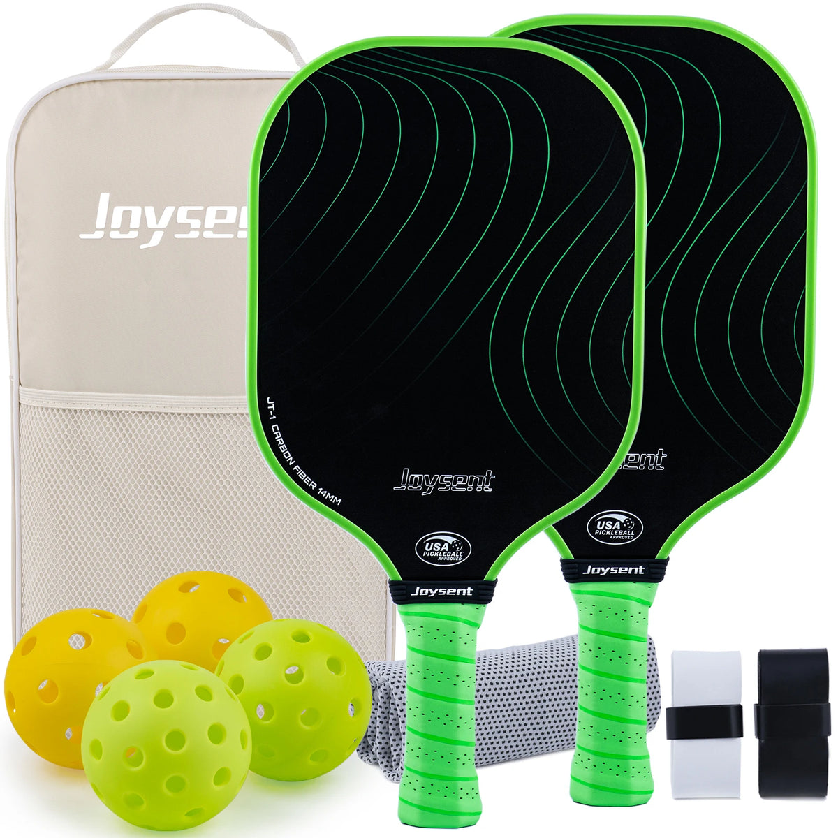 Pack Joysent coloris vert : deux raquettes en carbone noir à cadre vert fluo, sac beige, balles et surgrips