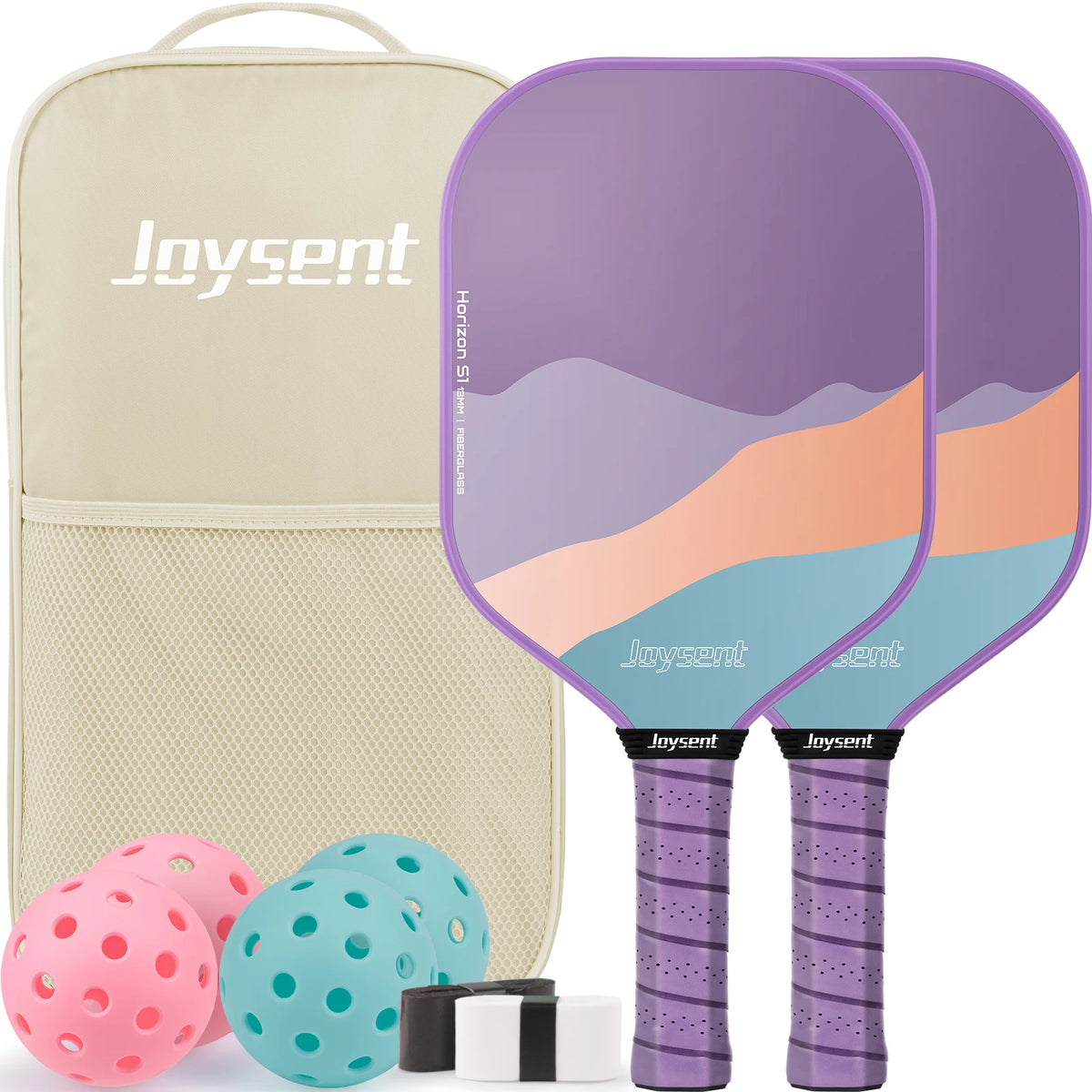 Pack de pickleball Joysent coloris violet : deux raquettes lavande à vagues pêche, sac beige, balles et surgrips