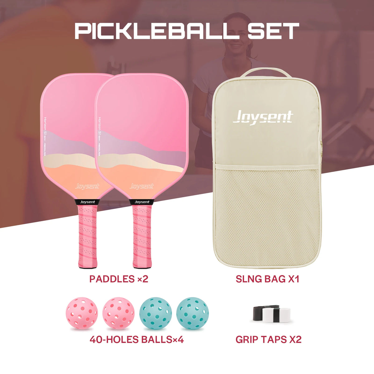 Pack de pickleball Joysent présenté pièce par pièce : 2 raquettes roses, sac beige, 4 balles et 2 bandes de grip