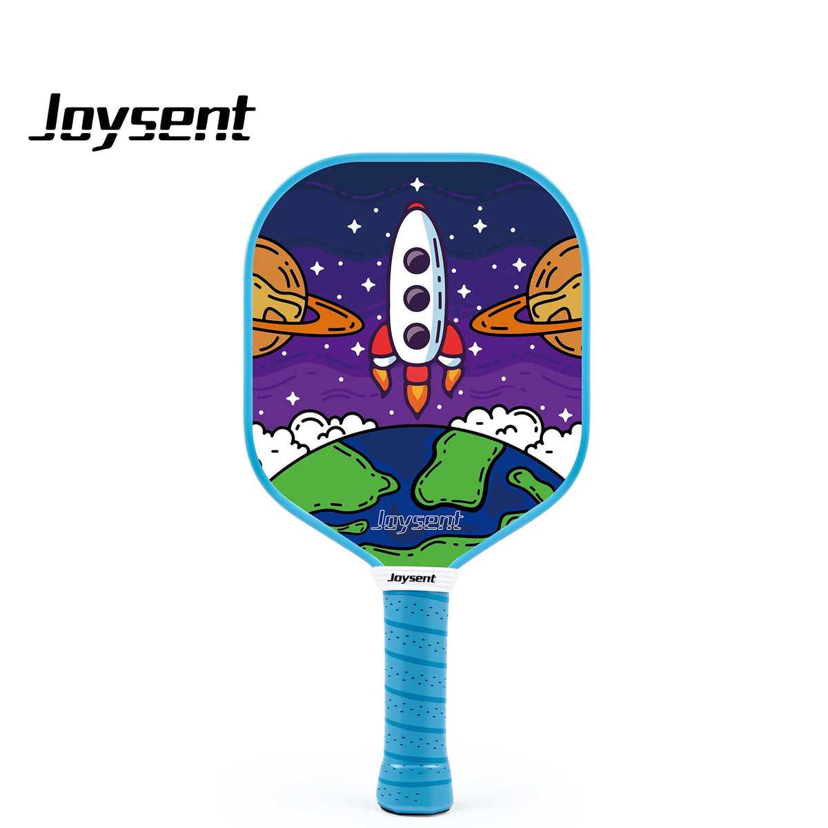 Raquette de pickleball enfant Joysent décor fusée au-dessus de la Terre, cadre et grip bleu ciel, vue de face