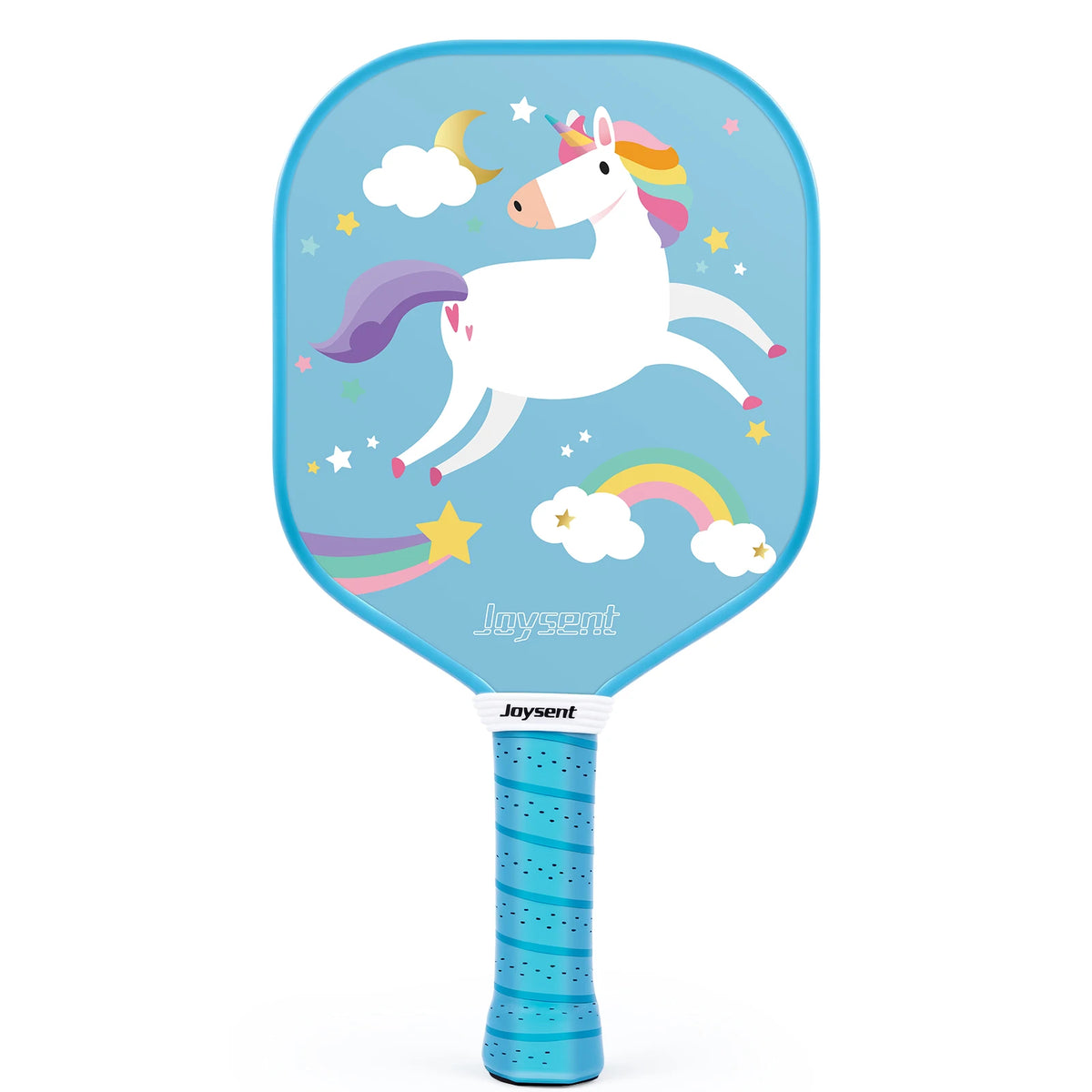 Raquette de pickleball enfant Joysent décor licorne blanche en vol sur fond bleu ciel avec arc-en-ciel, grip bleu