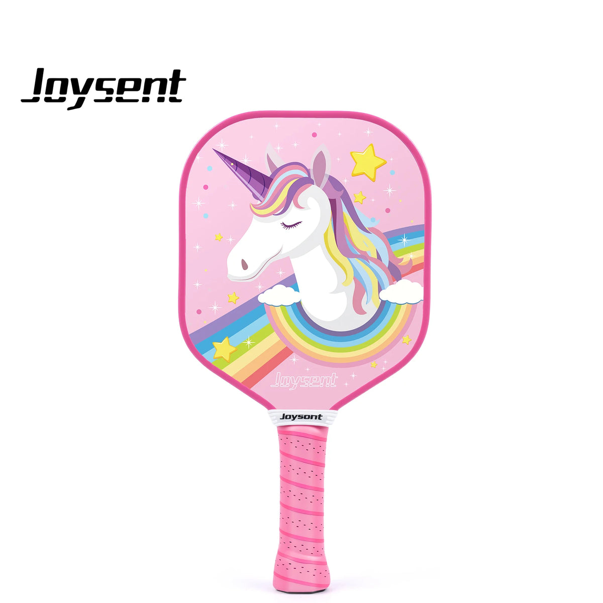 Raquette de pickleball enfant Joysent décor tête de licorne sur arc-en-ciel, fond rose et grip rose, vue de face