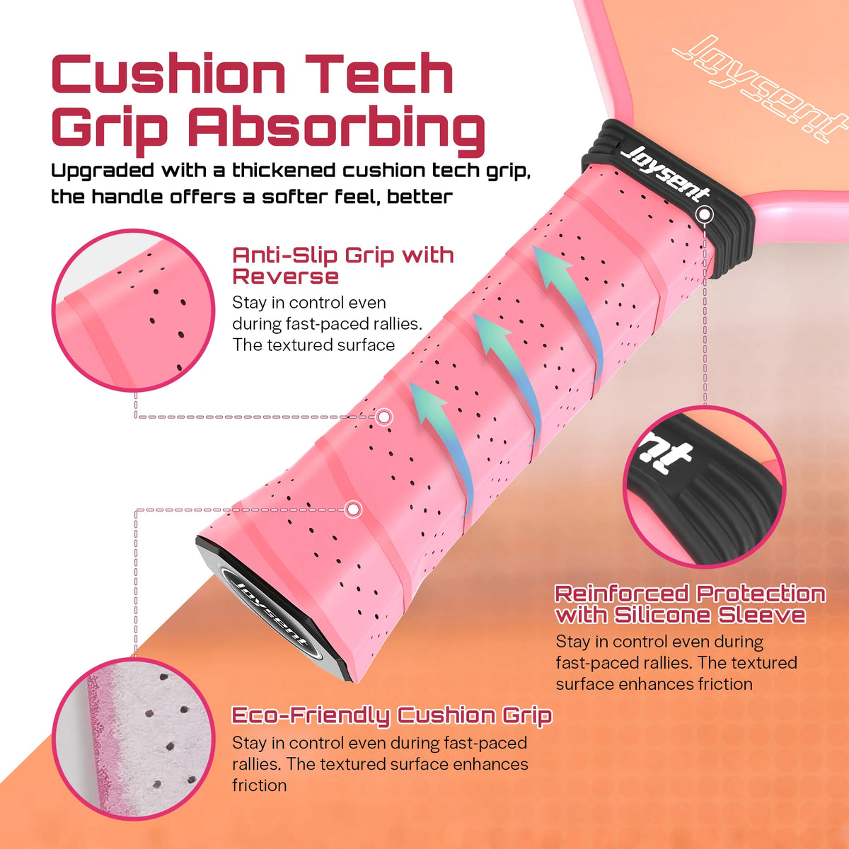 Raquette de pickleball Joysent, infographie détaillant le grip rose perforé et le manchon silicone noir du manche