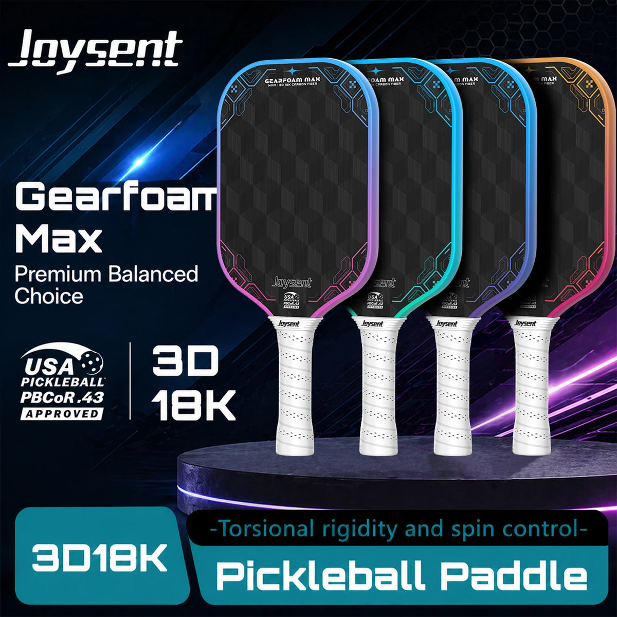 Raquettes de pickleball Joysent Gearfoam Max en carbone 3D 18K, quatre coloris, badge USA Pickleball approuvée