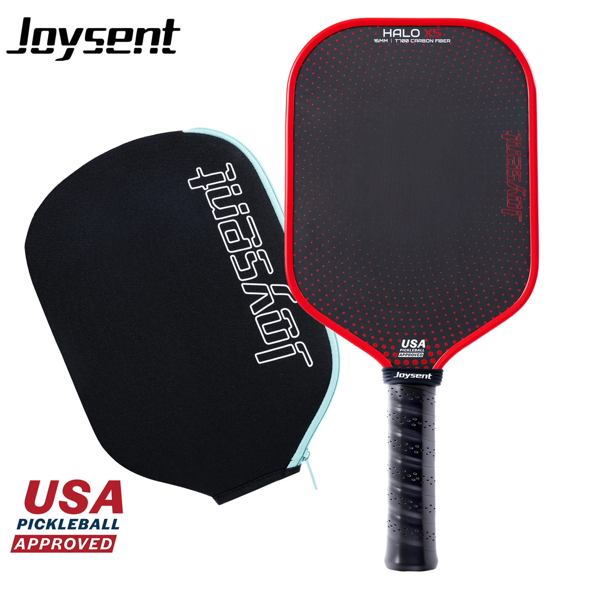 Raquette de pickleball Joysent Halo X5 à cadre rouge et manche noir, présentée avec sa housse noire zippée
