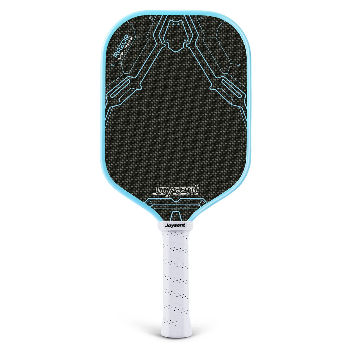 Raquette de pickleball Joysent Razor bleu ciel vue de face sur fond blanc, face carbone noire et grip blanc