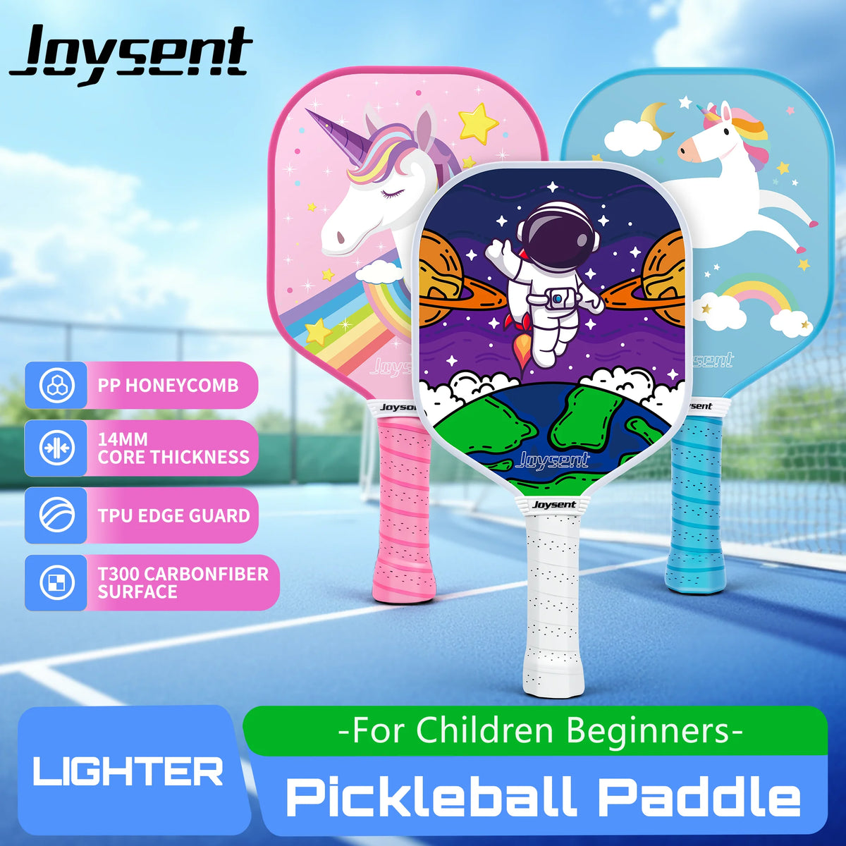 Raquettes de pickleball enfant Joysent, trois décors licorne rose, astronaute et licorne bleue, visuel promo sur terrain