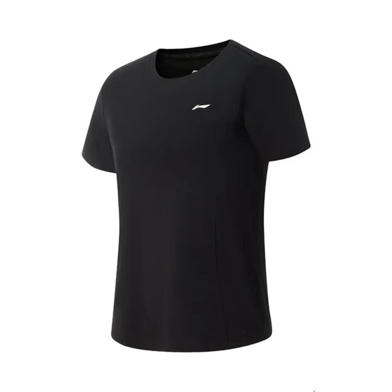 T-shirt technique femme Li-Ning AT DRY FREEZE noir vu de face, petit logo blanc sur la poitrine