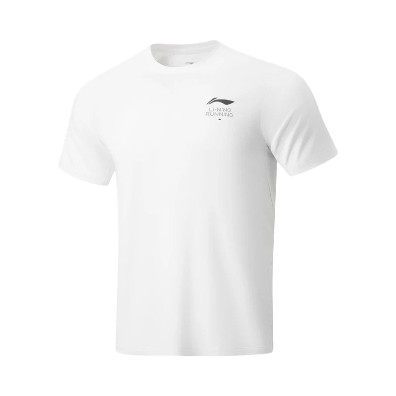 T-shirt technique homme Li-Ning LN AIR DRY blanc vu de face à plat, col rond et logo Li-Ning Running gris