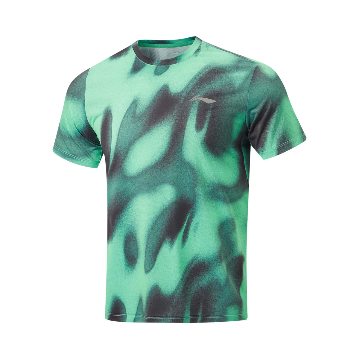 T-shirt technique homme Li-Ning LN AIR DRY à imprimé vert et noir effet flou, vu de face avec logo argenté