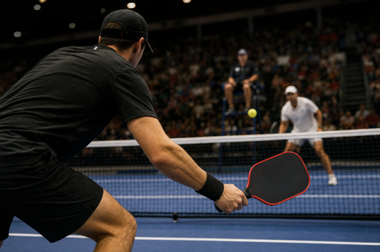 Match de pickleball en salle, arbitré, devant le public