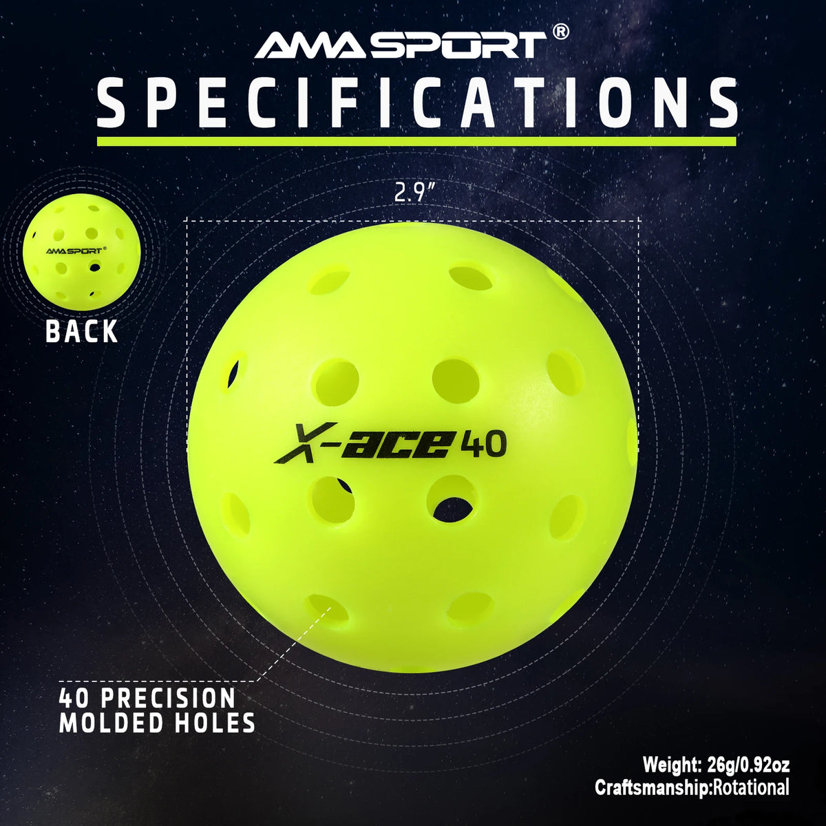 Balle de pickleball AMASPORT X-ACE 40 jaune fluo : dimensions, 40 trous moulés et vue de dos avec le logo