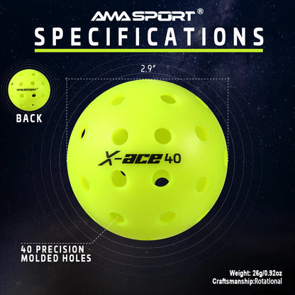 Balle de pickleball AMASPORT X-ACE 40 jaune fluo : dimensions, 40 trous moulés et vue de dos avec le logo