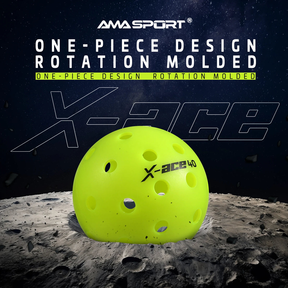 Balle de pickleball AMASPORT X-ACE 40 jaune fluo posée sur un sol lunaire, mise en scène de sa fabrication monobloc