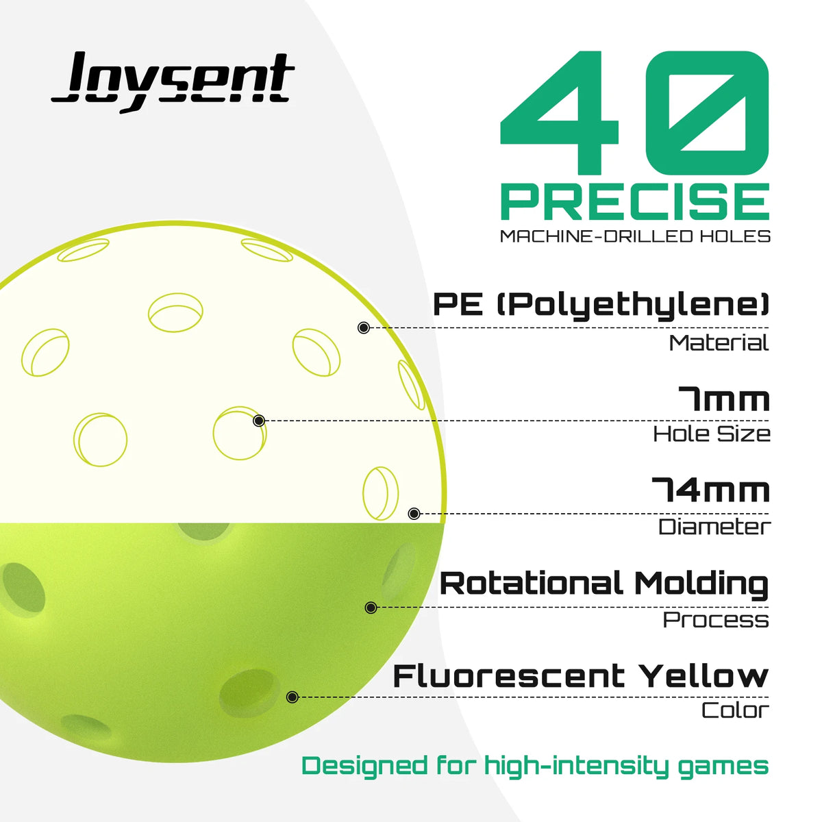 Caractéristiques de la balle Joysent : polyéthylène, trous de 7 mm, 74 mm de diamètre, rotomoulée