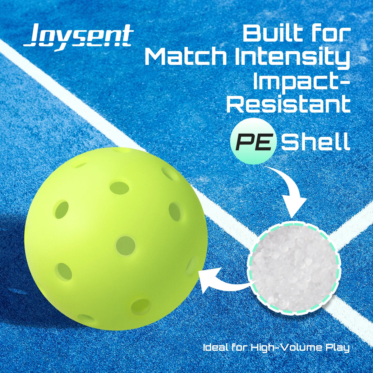 Balle de pickleball Joysent à coque en polyéthylène sur un court bleu