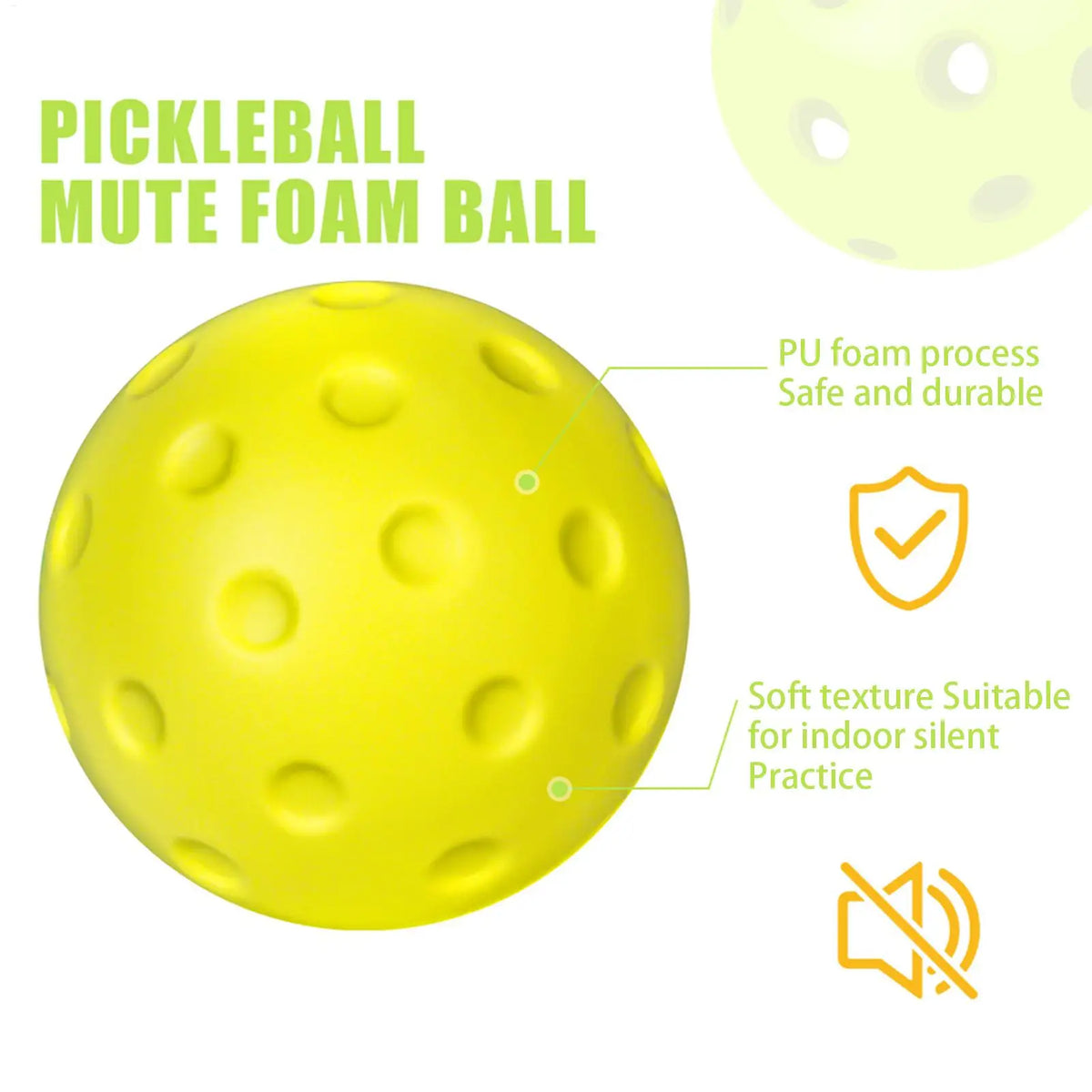 Balle de pickleball en mousse jaune vif avec pictogrammes sécurité et silence, présentation de la mousse PU