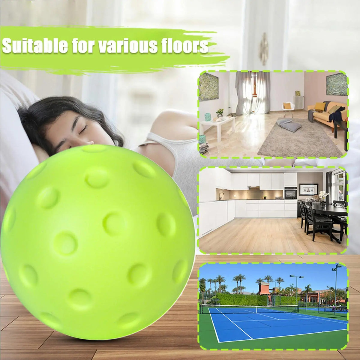 Balle de pickleball en mousse vert citron devant une femme endormie, avec vignettes salon, cuisine et court