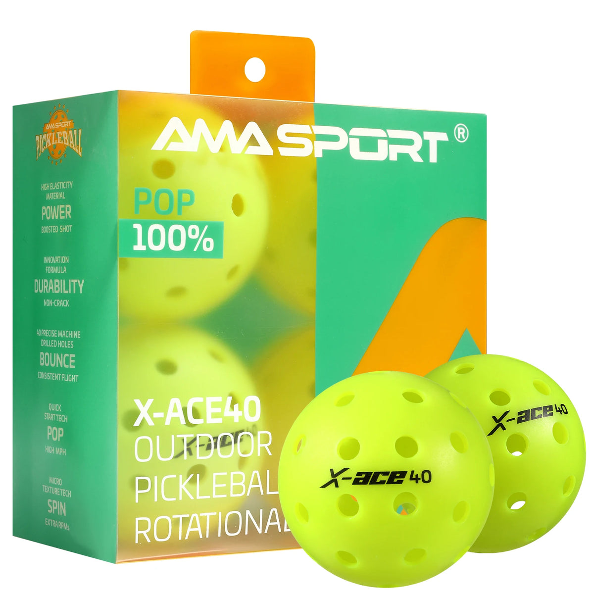 Balles de pickleball AMASPORT X-ACE 40 jaune fluo : boîte carrée verte et orange, deux balles devant l'emballage