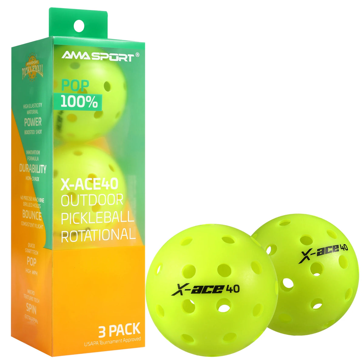 Balles de pickleball AMASPORT X-ACE 40 jaune fluo : étui de 3 et deux balles présentées à côté sur fond blanc