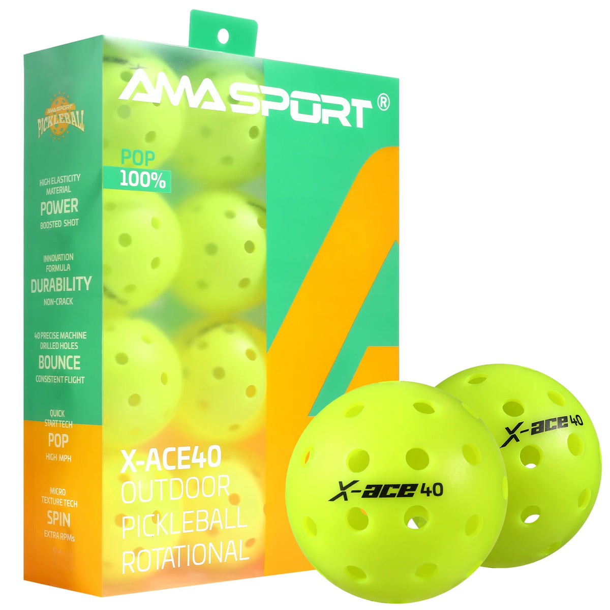 Balles de pickleball AMASPORT X-ACE 40 jaune fluo : grande boîte transparente et deux balles devant elle