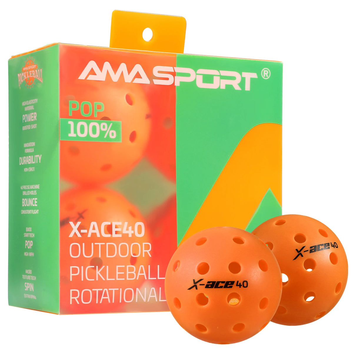 Balles de pickleball AMASPORT X-ACE 40 orange : boîte carrée verte et orange, deux balles devant l'emballage