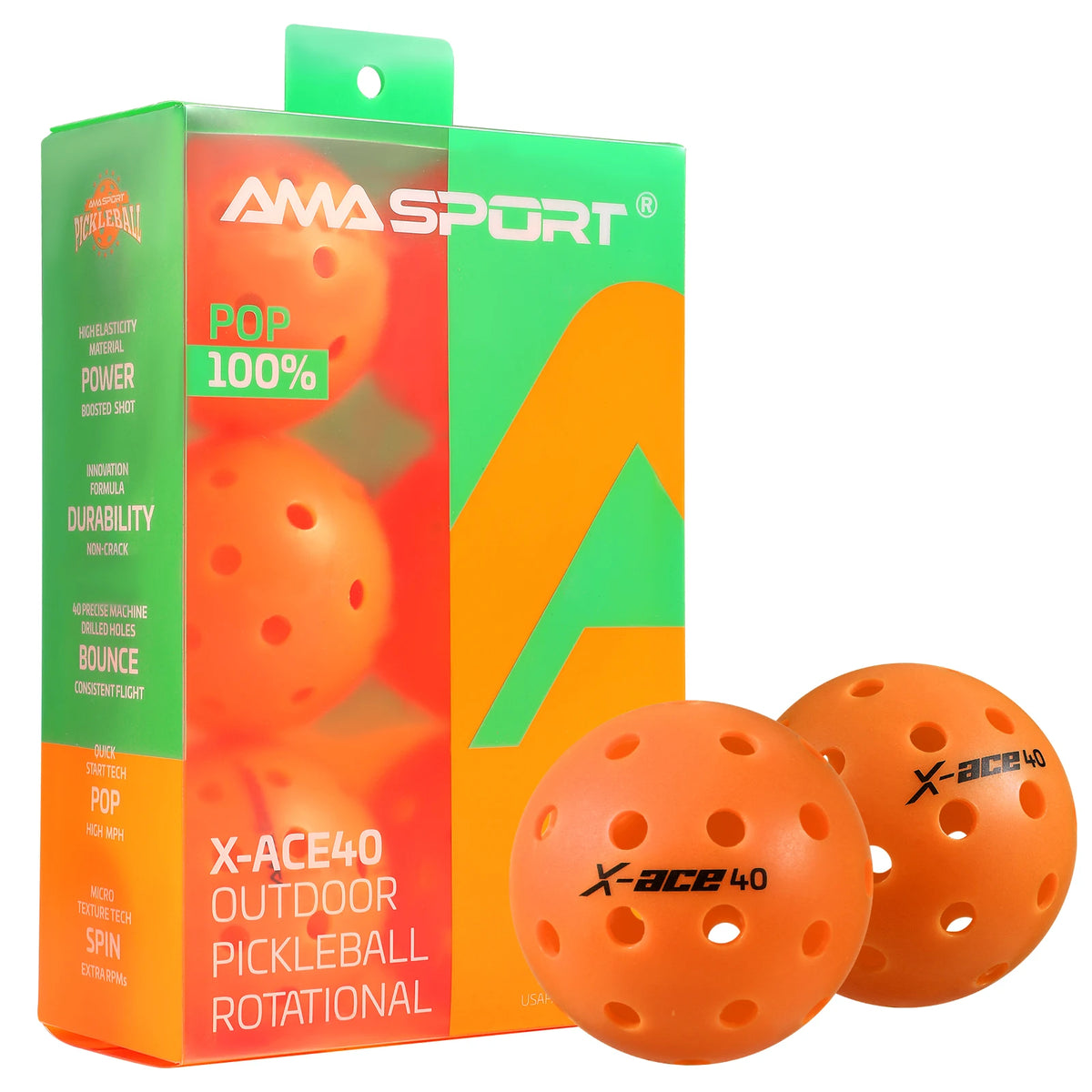 Balles de pickleball AMASPORT X-ACE 40 orange : boîte haute transparente et deux balles posées devant elle