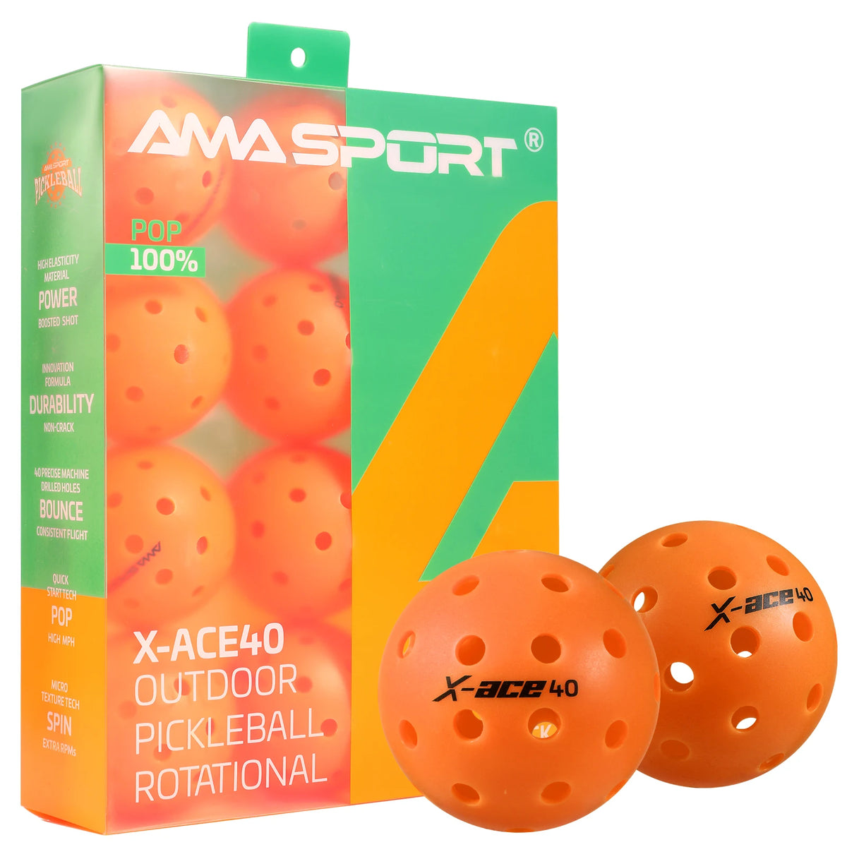 Balles de pickleball AMASPORT X-ACE 40 orange : grande boîte et deux balles posées devant l'emballage