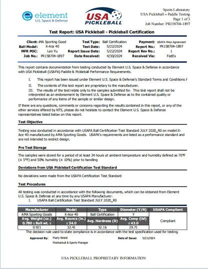 Balles de pickleball AMASPORT X-ACE 40 : première page du rapport de certification USA Pickleball du laboratoire